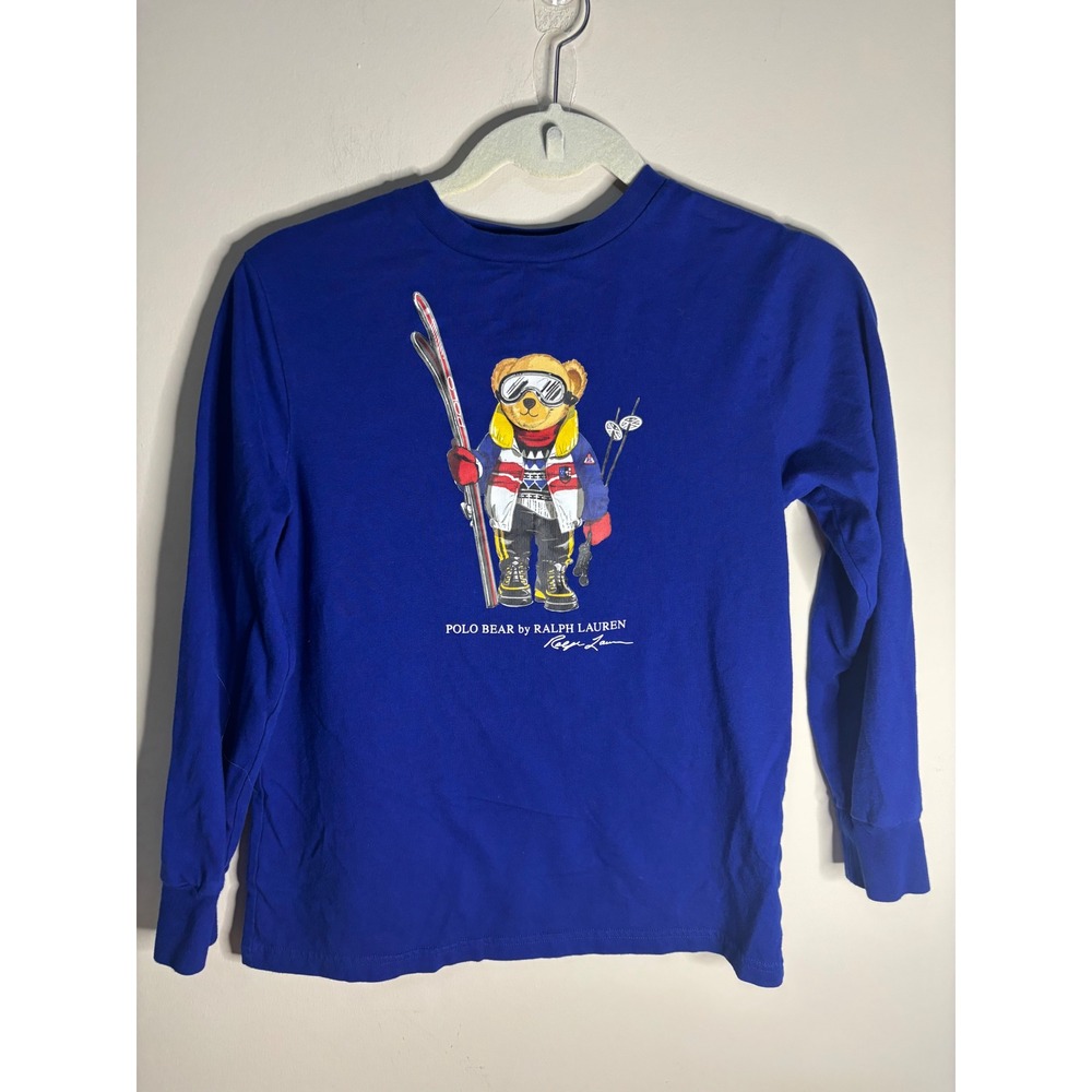 Polo Ralph Lauren Boys Royal Blue Polo Bear Skiing Long Sleeve T-Shirt Size L